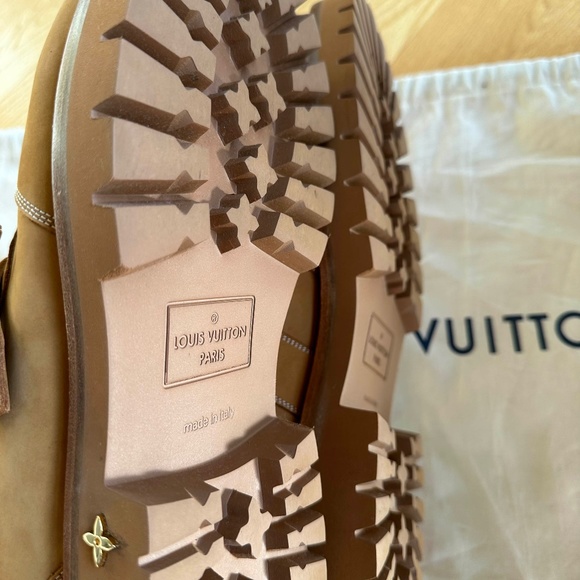 Louis Vuitton Tan Leather Lug-sole Boots with Gold Accents / NO WEAR / TRIED ON
